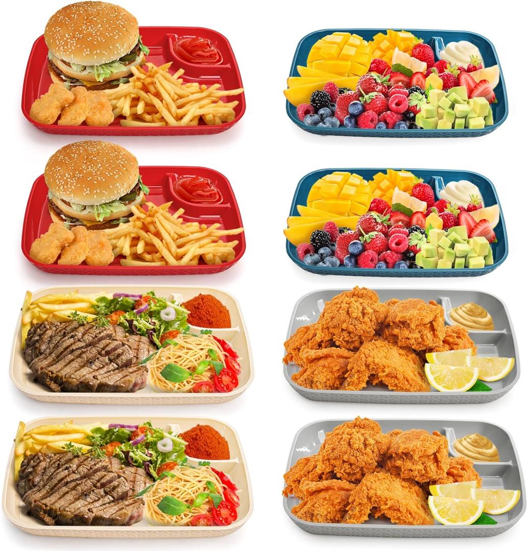 Jucoan 8 Pack Plastic Chip and Dip Serving Plates, 9.75 x 7.25 Inch Dumpling Plate with Sauce Compartment for Tacos, Fries, Sushi, Charcuterie Board, Party Snack, Microwave Dishwasher Safe