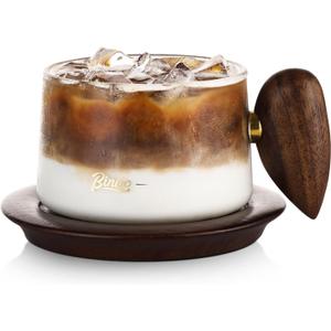 Bincoo Glass Coffee Cups and Saucers Set,250ML Clear Glass Iced Coffee Mug Espresso Cup Tea Cup with Walnut Coaster and Handle