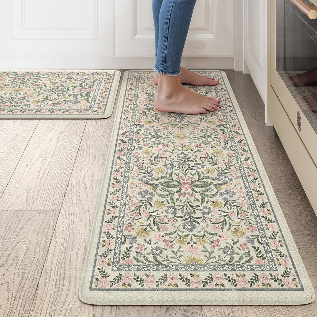 Collive Anti Fatigue Mat for Kitchen Floor, Spring Floral Kitchen Mats for Floor Set of 2, Beige Cushioned Waterproof Sink Rugs Non Slip Comfort Standing Rug for Office, Laundry, Desk (17.3"x47"+17.3"x29")
