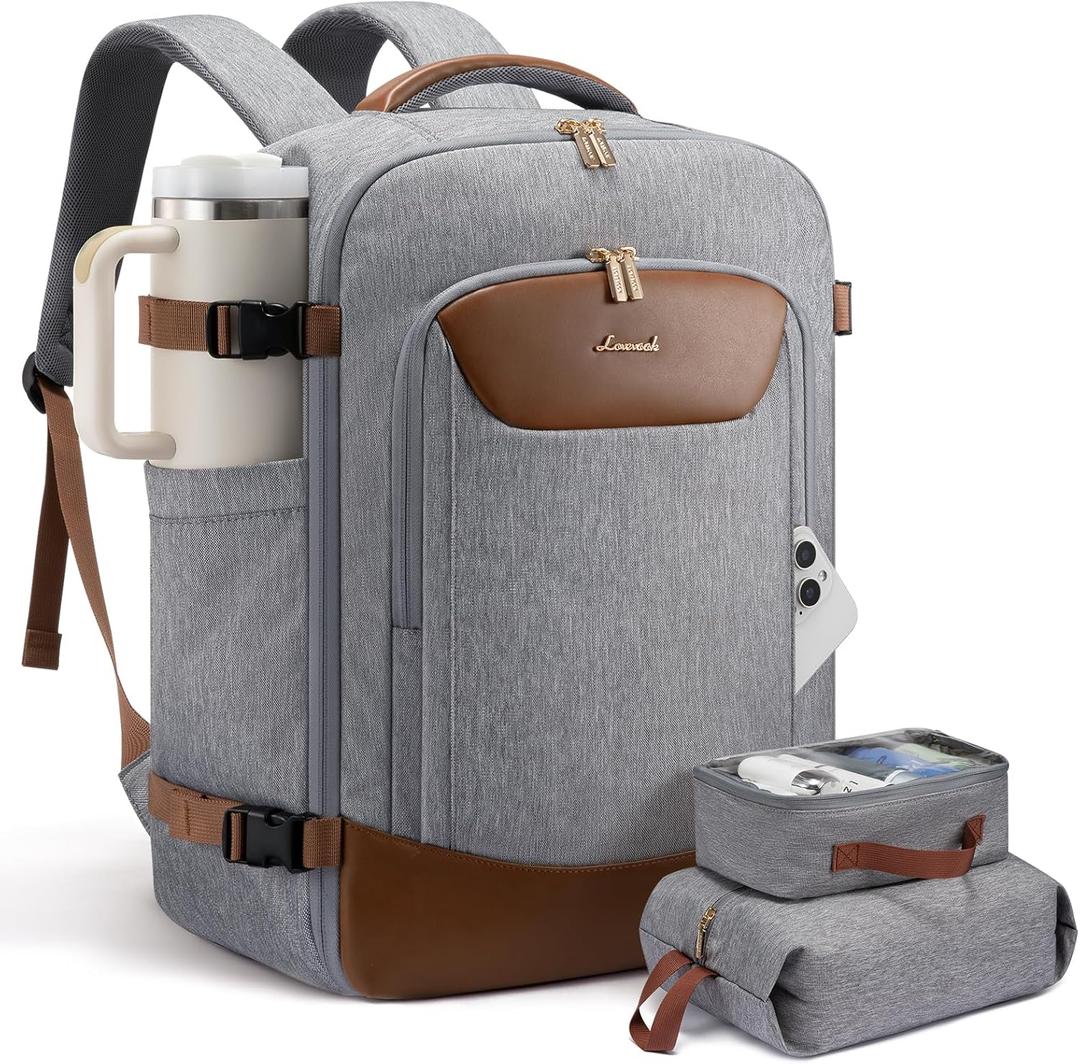 LOVEVOOK 40L Travel Backpack for Women Men, Large Carry on Backpack for Airplanes TSA Personal Item Travel Bag fits 15.6" Laptop, Waterproof Weekender Essentials Airline Approved with 2 Packing Cubes (Grey-brown)