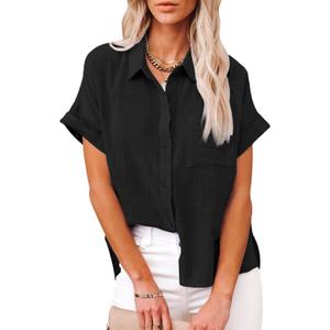 Womens Cotton Linen Button Down Shirts Short Sleeve Dress Shirts Casual Summer Tops Blouses with Pockets (Black, M)