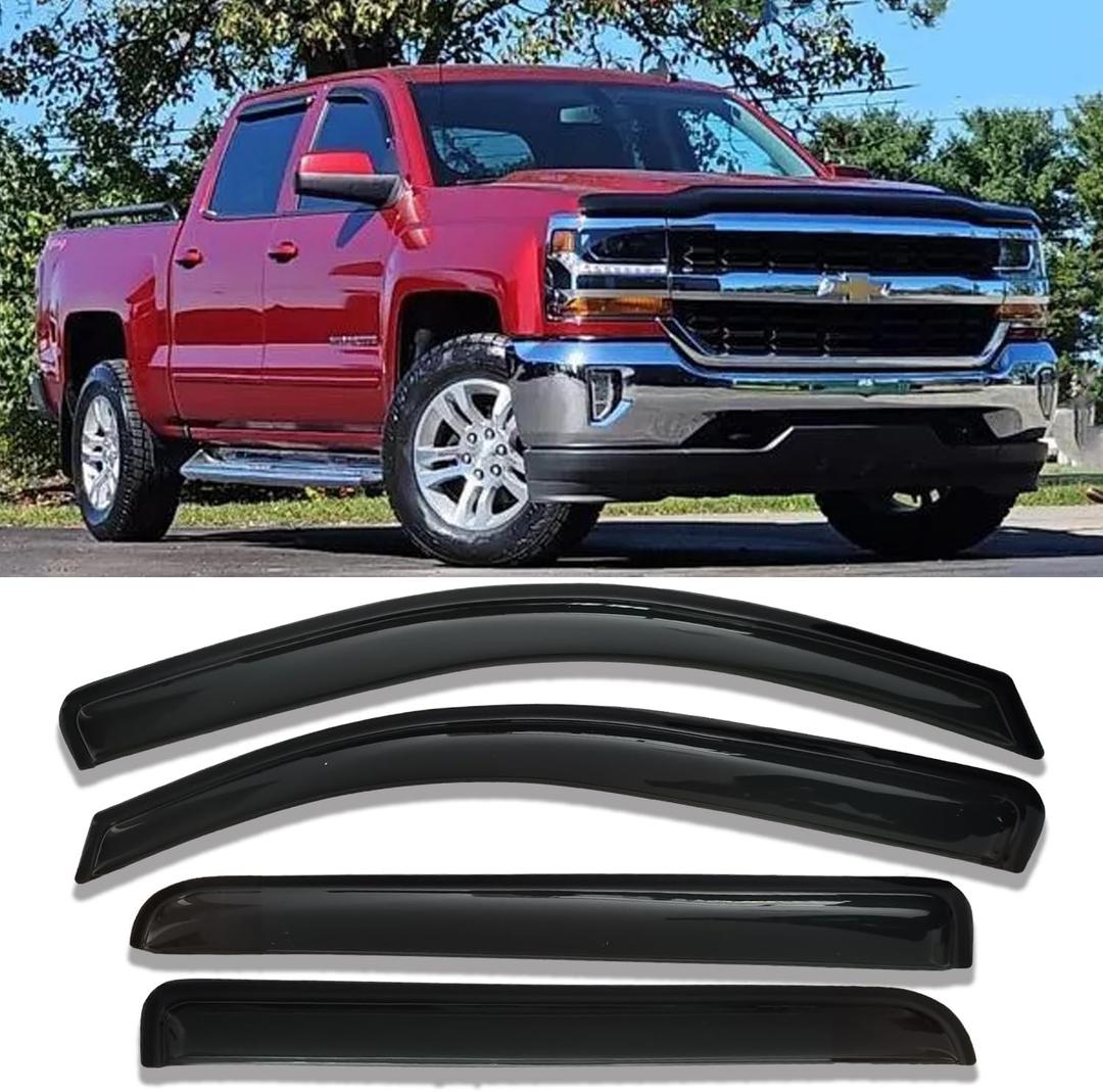 Side Car Window Visors Window Vent Shade Wind Deflectors Sun Rain Guards Compatible with 2014-2018 Chevrolet Silverado 1500 2500HD & GMC Sierra 1500 2500HD 3500HD Crew Cab for Driver Passenger