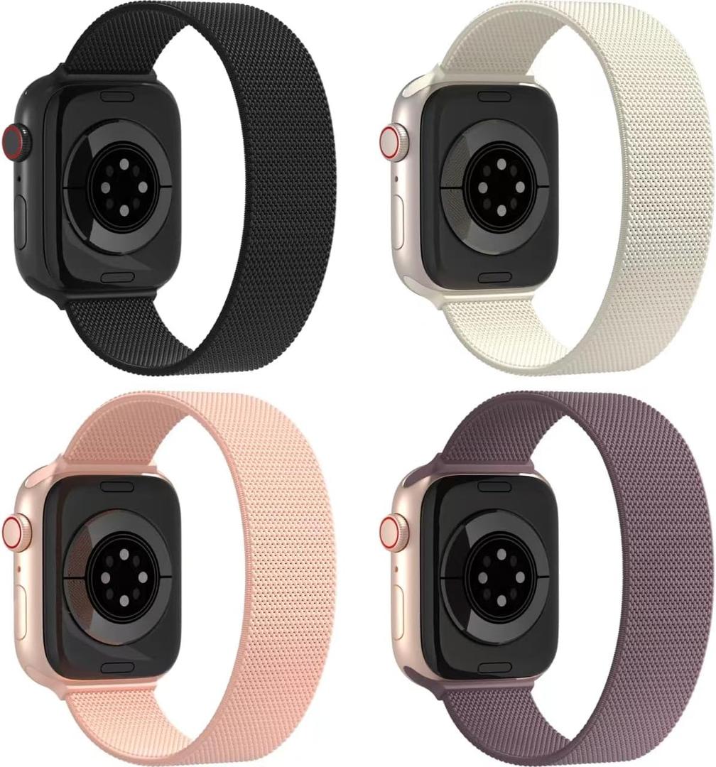 4 Pack Stretchy Nylon Solo Loop Bands Compatible with Apple Watch 49mm 46mm 45mm 44mm 42mm 41mm 40mm 38mm, Elastic Sport Strap for iWatch Ultra/2 Series 10 9 8 7 SE 6 5 4 3 2 1 women (Black/Starlight/Nude Pink/Smoke Violet)