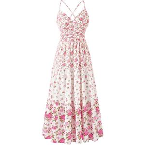 Sunny Spirit Women Floral Patchwork Dress Maxi Summer Boho Flowy Casual Sundress Spaghetti Strap V Neck Tiered Long Dresses (White)