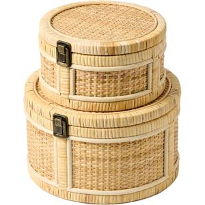 2PCS Rattan Storage Boxes with Lids Wooden Frame Decorative Natural Rattan Round Baskets Set Handmade Woven Wicker Keepsake Memory Jewelry Box Bin Boho Cane Desktop Organizer Container