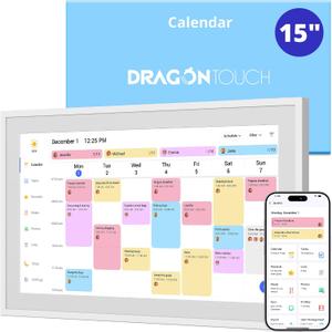 Dragon Touch 15.6" Digital Calendar Chore Chart 1080P Full HD Touchscreen, Smart Family Planner, Hearth Display Digital Calendar Wall & Desk Mountable, Fiberboard, White, 11.5"W x 20.1"H