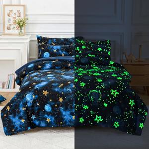 Kids Comforter Sets Twin Size for Boys, Glow in The Dark Blue Starry Sky Space Bedding Set 3 Pieces - Boy Soft Bed Set with Pillow Shams