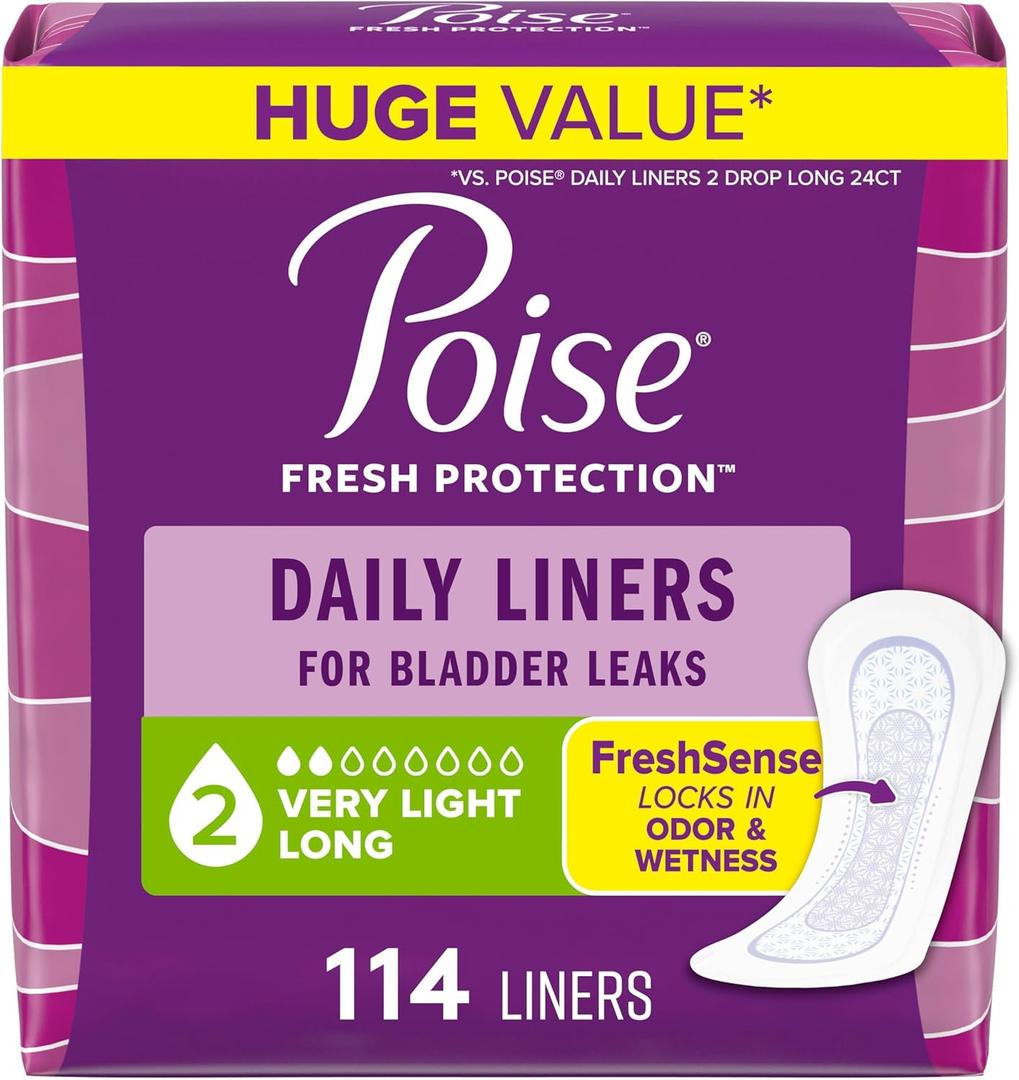 Poise Daily Liners, Incontinence Panty Liners for Bladder Leaks, 2 Drop Very Light Absorbency, Long Length, 114 Count of Pantiliners
