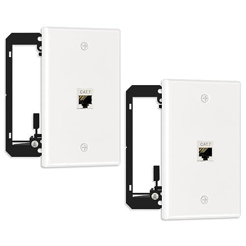 FGB 2 Pack Ethernet Wall Plate, 1 Port Keystone Wall Plate with Bracket and Cat7 Shielded RJ45 Keystone Coupler, Single Gang Ethernet Wall Plate with Mounting Bracket