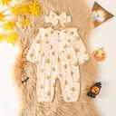 Newborn Baby Girl Halloween Outfit Ruffle Long Sleeve Pumpkin Romper Jumpsuit With Headband Bodysuit Overalls Clothes (0-3 Months, Apricot 3)