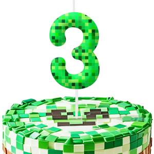 Green Pixel 3rd Birthday Number Candles, Number 3 Candle Cake Topper Decorations for Green Pixel Game Themed Parties, Birthday Cake Candles for Boys Girls Kids Party Supplies