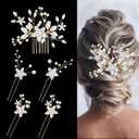 5 Pcs Bridal Flower Wedding Hair Pins Crystal Pearl Hair Clips Headpiece Wedding Hair Accessories Jewelry with Rhinestone for Brides Bridesmaids Women Girls Updo