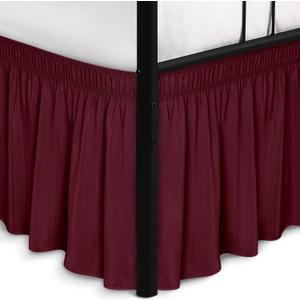 Biscaynebay Wrap Around Bed Skirts with Split Corners for Queen Beds 14" Drop, Burgundy Elastic Dust Ruffles Adjustable Easy Fit Wrinkle & Fade Resistant Silky Luxurious Fabric Machine Washable