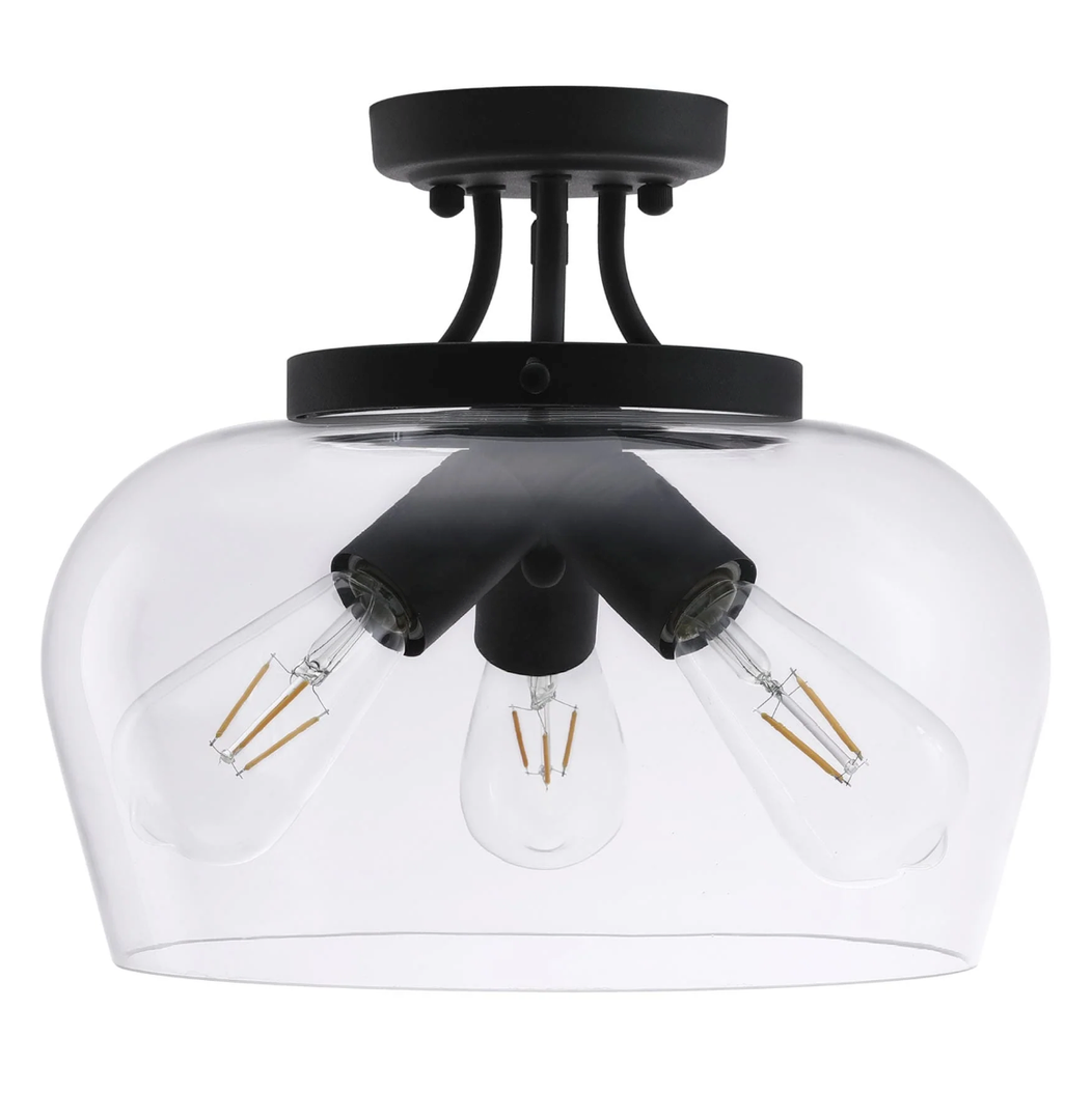 3-Light Modern Industrial Pendant Lighting Fixture w Glass Shade | Flush Mount Ceiling Light in Matte Black Finish | Dimmer Compatible Lighting
