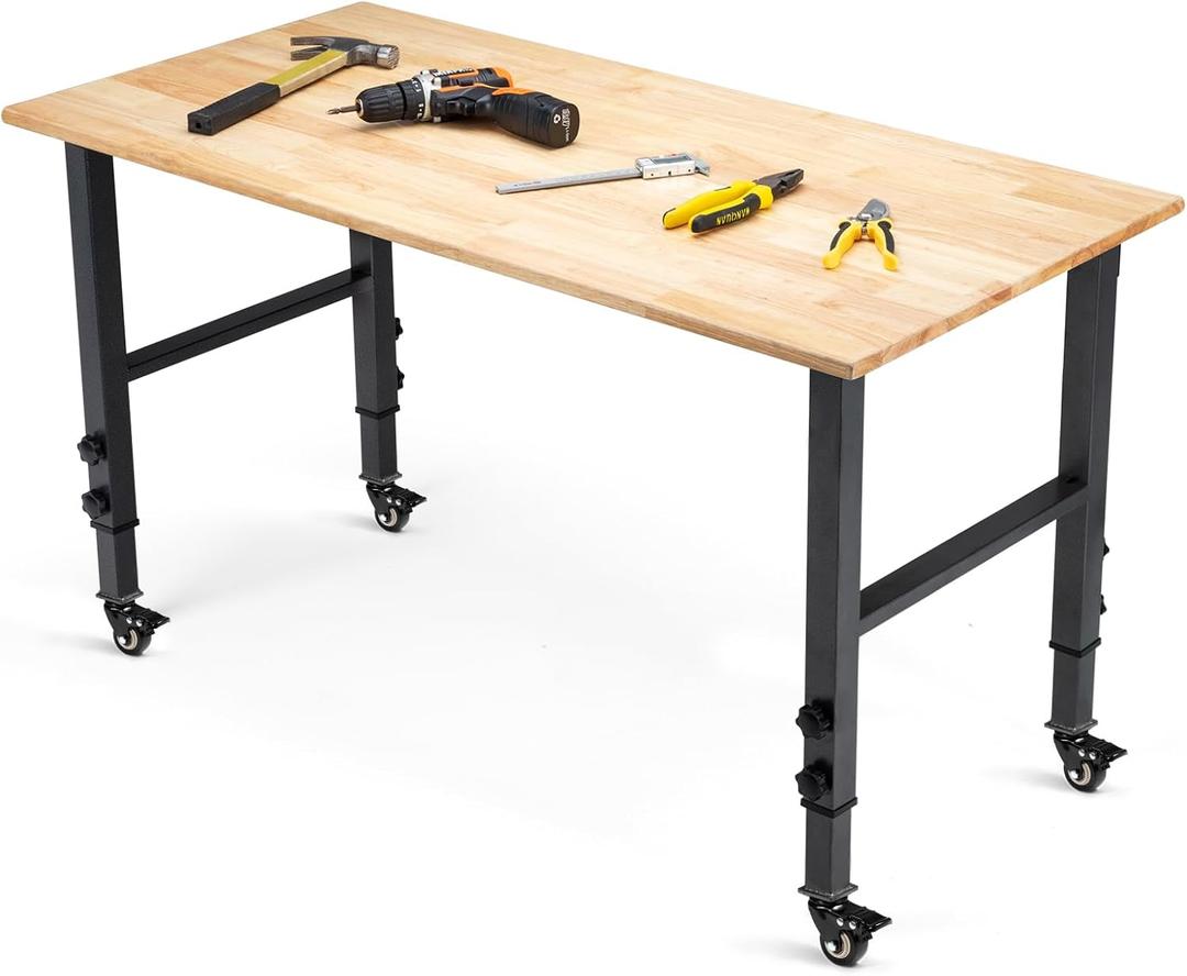 48 "Adjustable Wheels Workbench, Heavy Duty 2000 LBS Load Capacity Hardwood Workbench Suitable for Workshop, Office, Garage, Home (Metal WheelsNo Power Outlets 48"x24")