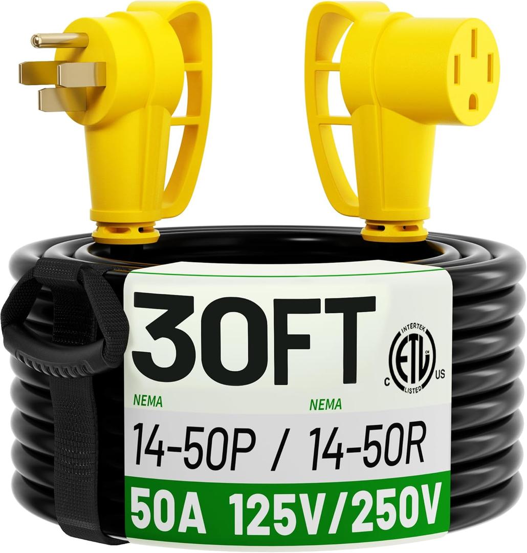 POWGRN NEMA 14-50P to NEMA 14-50R 50 Amp RV/EV Extension Cord 30 FT Outdoor with Grip Handle, Flexible Heavy Duty RV Power Cord Waterproof, 50A 125/250V 6250/12500W STW, Black-Yellow, ETL Listed