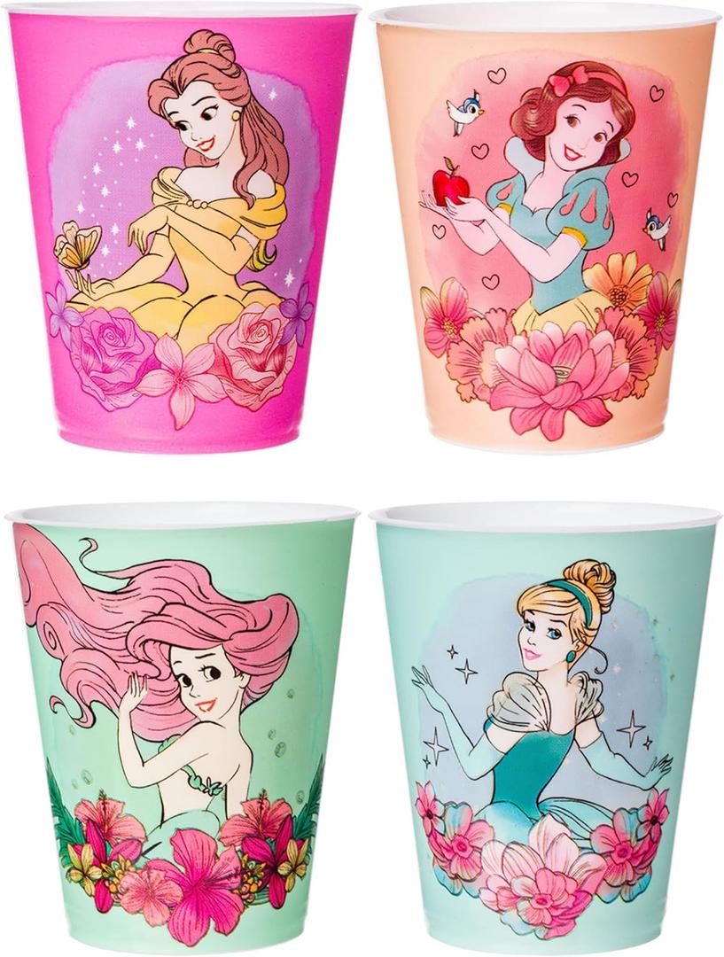 Silver Buffalo Disney Princess Featuring Belle, Snow White, Ariel, and Cinderella Floral 4 Pack Plastic Mini Cup Set, 1.5 Ounces