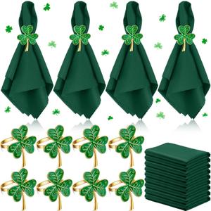16 Pcs St. Patrick's Day Napkin Rings Set 8 Pcs Green Shamrock Metal Rings Holder and 8 Pcs Green Washable Napkins Cloth for St. Patrick's Day Dinner Party Table Decoration(Stylish Style)