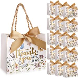 Moinchore 40 Pack Christmas Thank You Gift Bags with Handles Small Thank You Party Favor Bags with Bow Wedding Welcome Tote for Xmas Holiday Bridal Shower Party(Vintage Gold Flowers)