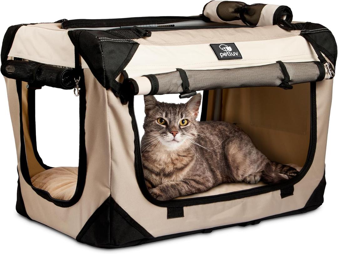 Medium Cat Carrier & Dog Carrier for Most Cats or Small Dog. Soft Sided Pet Carrier for Travel. Collapsible, Portable with Soft Bed, Top & Side Loading, Locking Zippers, Puppy Crate & Kennel (Tan)