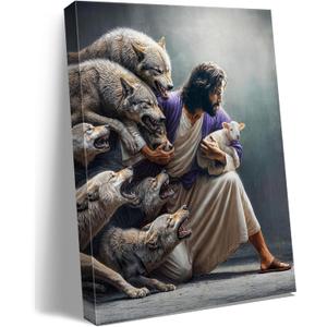 Christian Wall Art Jesus the Good Shepherd Saving Lost Sheep - Guardian Shepherd Protecting Lamb from Wolves, Bible Canvas Print for Church decor Home Decor, Living Room Bedroom,Gift for catholic Women,Christians.A-419 (12"x15")