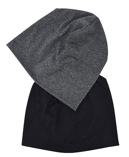 JHYWELL Cotton Beanie Hat Slouchy Jersey Soft Hats Skull Caps Lightweight Sleep Cap Running Beanies Light Weight Chemo Hat for Men and Women (Black & Heather Grey)