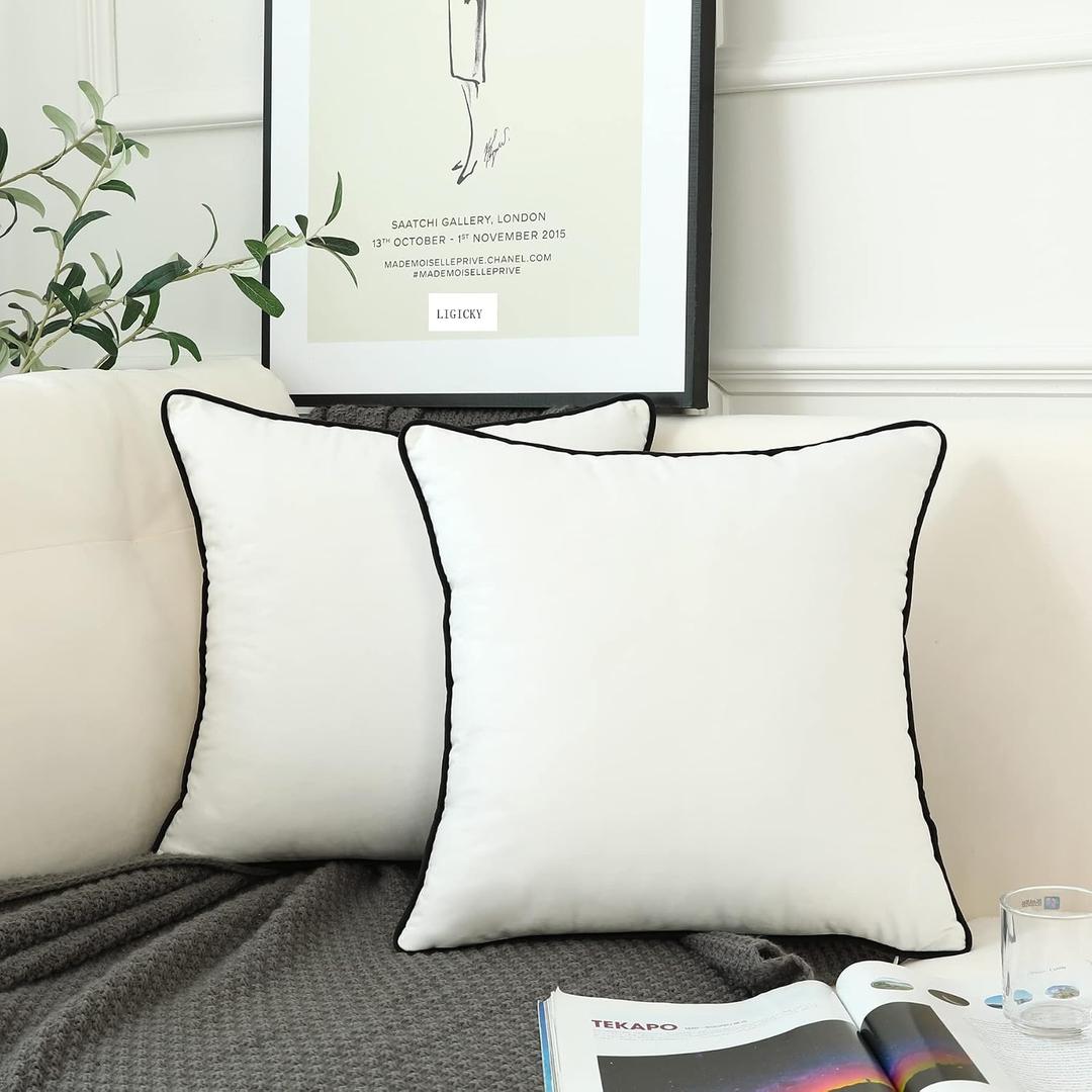 LIGICKY Set of 2 White Velvet Throw Pillow Covers Modern Minimalist Style Solid Decorative Black Rope Edging Soft Square Cushion Cases for Sofa Bedroom Party Dcor, 22 x 22 inch