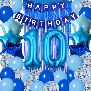 10th Birthday Decorations for Boys Blue Happy 10th Birthday Banner Tenth Bday Supplies 32inch Number 10 Balloons Fringe Curtain 10 Years Old Bday Party Supplies Kit for Him Her Girls (Blue)