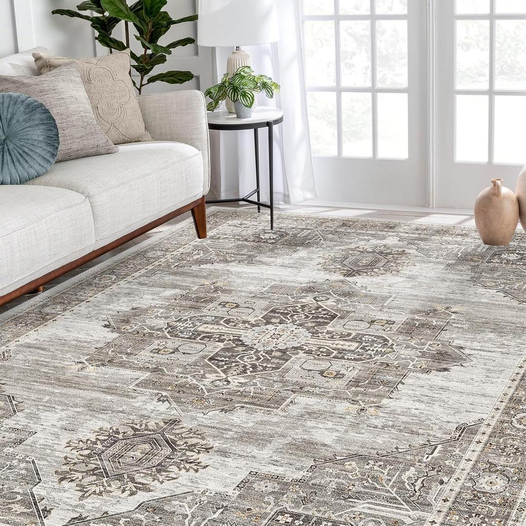 RUUGME Washable 9x12 Area Rugs - Large Rugs for Living Room Stain Resistant Carpet Vintage Rugs for Bedroom with Non Slip Backing Home Decor Floor Decoration Mat (9x12 Grey)