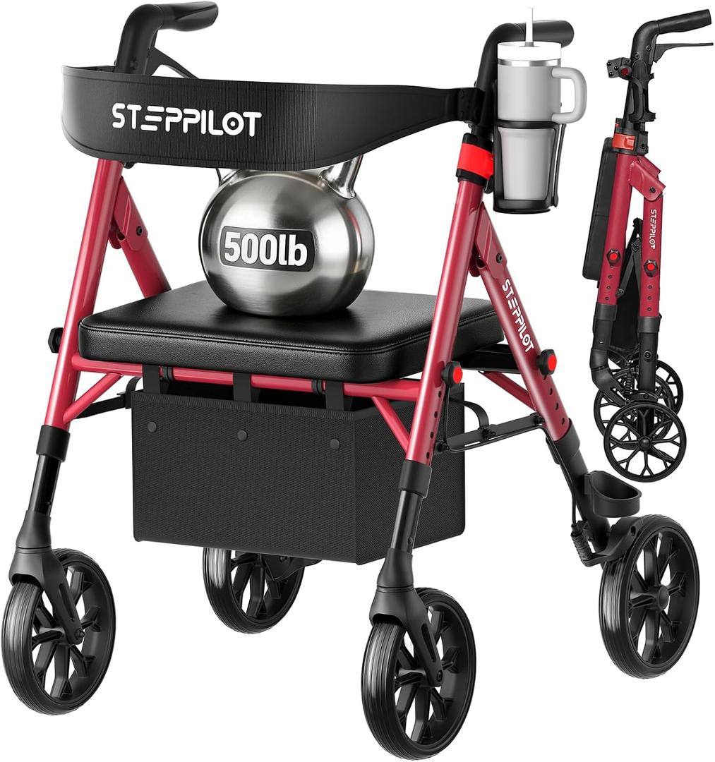 Bariatric Rollator Walker with Seat for Seniors, 500lb Capacity Aluminum Frame, Zero Wobble, 16lb Lightweight, 8" All Terrain Wheels, 10-Level Adjustable Handle/Seat, Cup Holder, Cane Clip