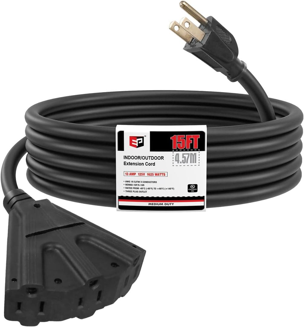 EP 15 Ft Outdoor Extension Cord with 3 Electrical Power Outlets - 16/3 SJTW Black Cable with 3 Prong Grounded Plug for Safety Great for Christmas Lights, Garden and Major Appliances
