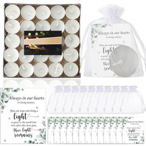 50 Set Funeral Party Favors Memorial White Candles Unscented Funeral Gifts Tealight Candles with Condolence Bereavement Cards and Organza Bags for Guest Celebration of Life Decorations (Stylish)