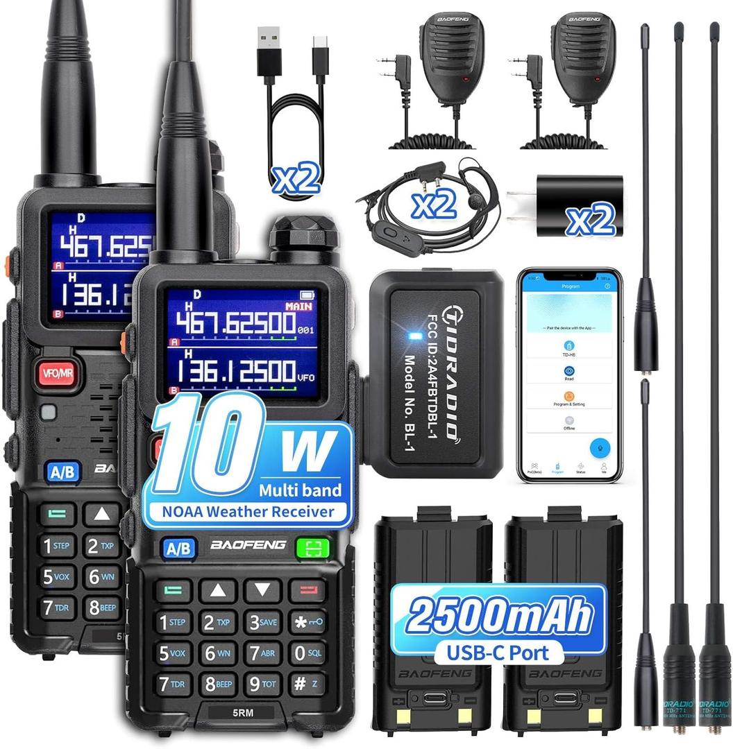 BAOFENG 5RM Ham Radio 10W Long Range Walkie Talkies with Wireless Programmer, NOAA Weather Receiver,2500mAh Rechargeable Battery, USB-C Charging, TD-771 Long Antenna & Baofeng UV-5RM Speaker Mic (2-Pack)