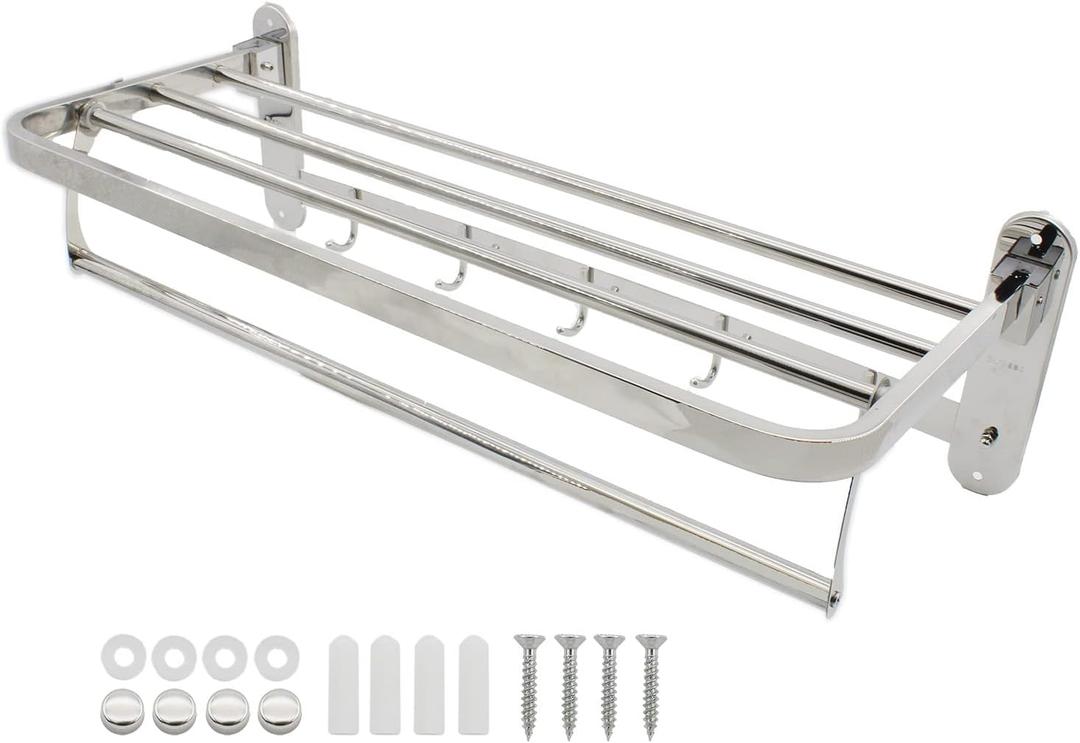 Bathroom Lavatory Towel Rack Towel Shelf, ULIFESTAR SUS 304 Stainless Steel Wall Mount Foldable Bathroom Towel Rack Towel Shelf with Towel Bar and 4 Move Freely Hooks Organizer for Bathroom Hotel (Drilling Installation 60CM/23.6'')