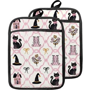 Coquette Bow Halloween Black Cat Pot Holders with Pockets, Preppy Pink Floral Witchy Halloween Oven Pot Holders Heat Resistant Oven Mitts Hot Pads for Kitchen Baking Cooking, Set of 2