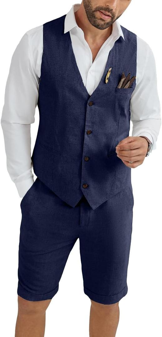 Mens Linen Suit 2 Piece Short Suits for Men Casual Summer Beach Groom Wedding Suit Linen Vest Shorts Set (4X-Large, Navy Blue)