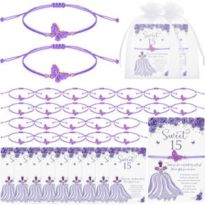 Wenqik 50 Sets Quinceanera Party Favors for Guests Butterfly Wish Bracelet with Thank You Cards Organza Gift Bags Quinceanera Gift for Sweet 15 Year Birthday Supply Recuerdos De Quinceaera (Purple)