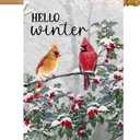 Hello Winter House Flags for Outside, Cardinal Christmas Garden Flag 28x40 Inch Double Sided, Pine Twigs Berry Large Burlap Yard Flag for Outdoor Winter Decorations