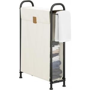 StorageWorks Slim Laundry Hamper with Flip Lid, Narrow Laundry Basket with Hooks, Breathable Mesh Clothes Organizer for Closet, Laundry Room, Bathroom, Beige