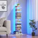 TUTOTAK Narrow Bookshelf, 8-Tier Bookcase with LED Lights, Spine Book Shelf for Small Space, Corner Standing Shelf for Living Room, Office, Study, Entryway, White BS06BW008L