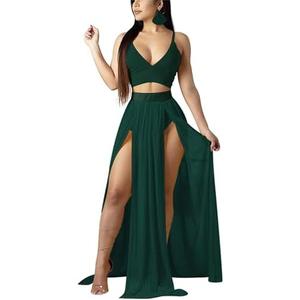 Women Sexy 2 Piece Outfits Dress Chiffon Strap Deep V Neck Bra Crop Top High Split Maxi Dresses Skirt Set, Size XL