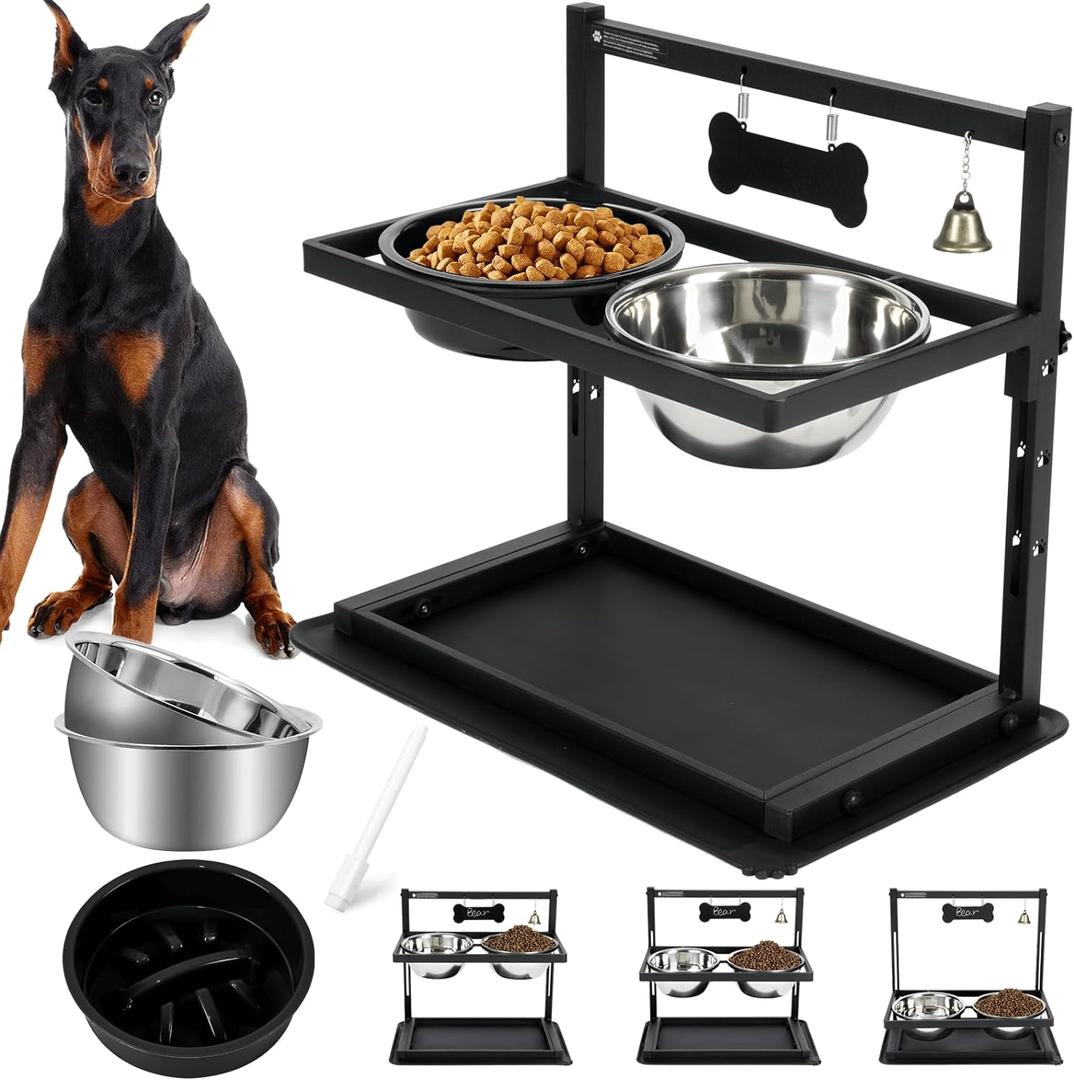 Elevated Dog Bowls with Slow Feeder for Large Dogs  Adjustable Raised Stand with 2 Stainless Steel Bowls & Spill-Proof Mat, Non-Slip Dog Feeder for Large & Medium Dogs (Black)