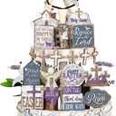 Amyhill 29 Pcs Easter Tiered Tray Decor Purple He is Risen Religious Wooden Sign Rustic Farmhouse Christian Lily Cross Block Easter Decoration for Home Table Kitchen Shelf Indoor