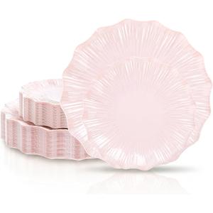 Rubtlamp 60Pcs Pink Scalloped Plastic Plates, Heavy Duty Pink Wavy Party Plates,Fancy Disposable Plate with Ruffled Edge,Floral Elegant Plate Include 30Salad Plates,30Dinner Plates for Wedding
