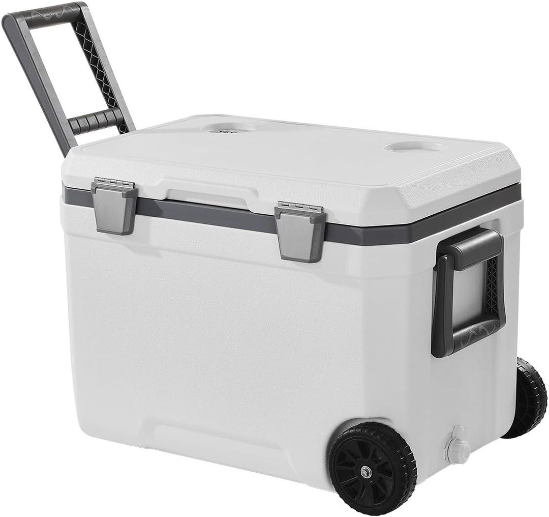 VEVOR Ultra-Light Hard Cooler, Ice Retention Cooler with Heavy Duty Handle, Ice Chest Lunch Box for Camping, Travel, Outdoor, Keeps Cool for up to 6 Days, 30% Lighter Than Rotomolded Coolers (45QT with wheels)
