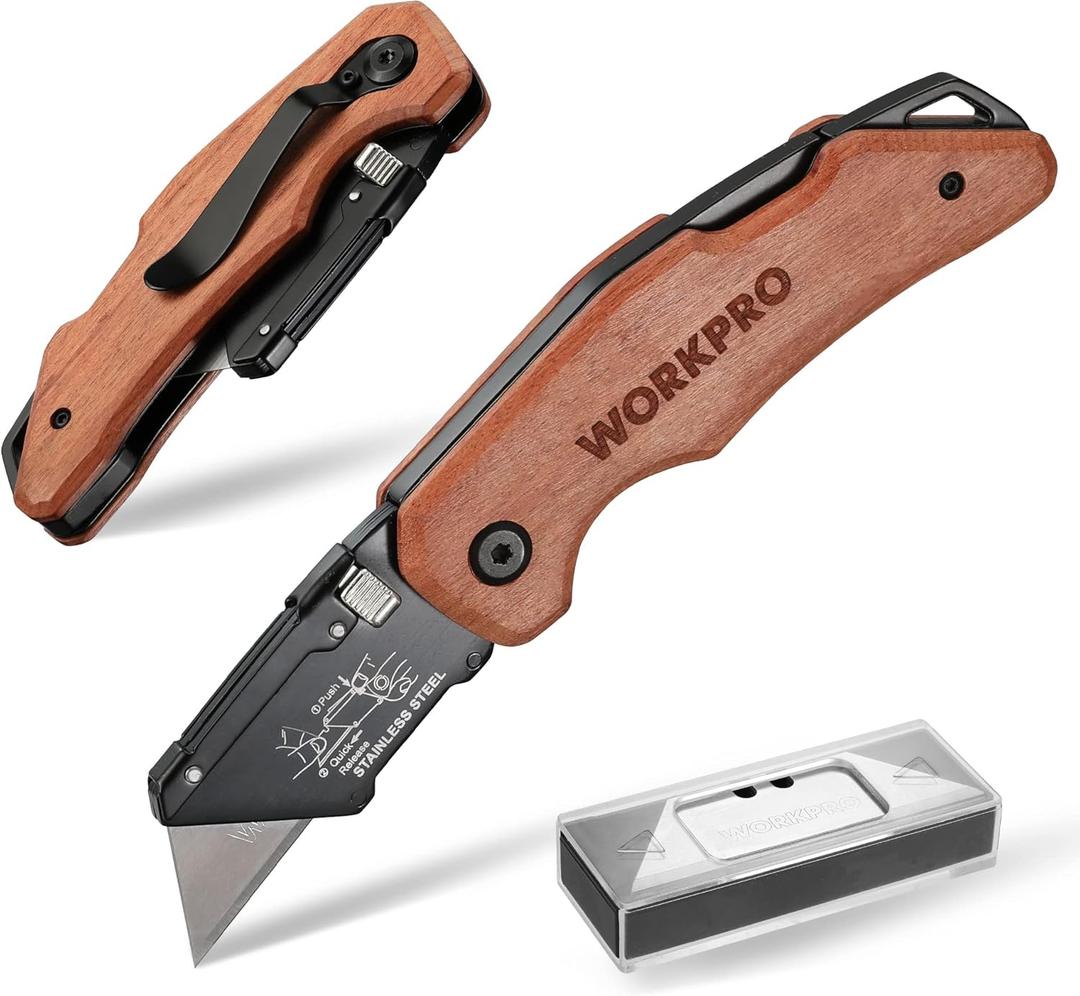 WORKPRO Folding Utility Knife with Stainless Steel Head, Quick-change Blade & Back Lock, Wood Handle Heavy Duty Box Cutter, 1PC Razor Knife with Extra 10PC SK5 Blades