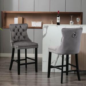 Virabit Velvet Counter Height Bar Stools Set of 2, 27" Upholstered Bar Stools with Button and Nailhead Decoration, Bar Stool Chairs with Back and Wooden Legs(Grey)