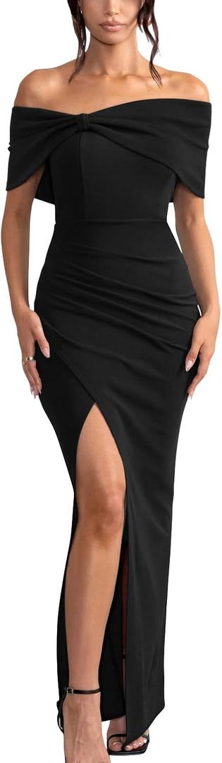 GOBLES Women's Elegant Strapless Ruffle Shoulder Short Sleeve Side Split Bodycon Ruched Formal Dress (X-Large, Black)
