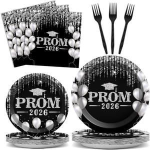 96PCS Prom Night 2026 Party Tableware Set Black Silver Graduation Party Supplies Congrats Class of 2026 Party Disposable Dinnerware Plates Napkins Forks for Graduation Celebration Favors