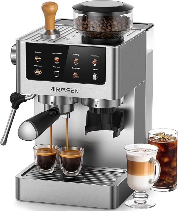 AIRMSEN Espresso Machines with Burr Grinder, 20 Bar, Milk Frother Steam Wand, Stainless Steel Coffee Maker for Home - Cappuccino Latte & ​​Cold Brew​​ Iced Coffee Maker & Americano